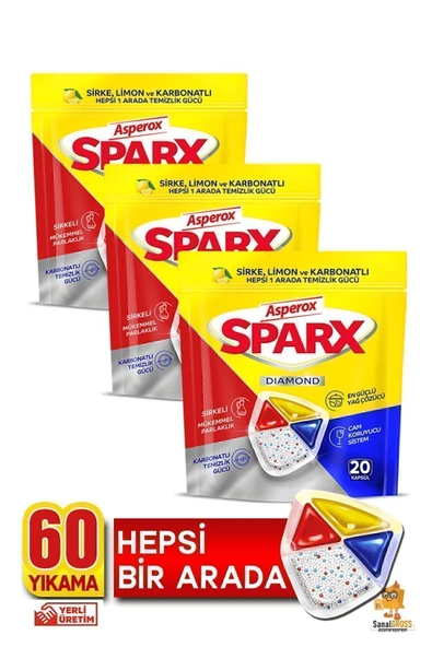 ASPEROX Sparx Bulaşık Makinesi Kapsülü 20'li x 3 Paket (60 Yıkama) ürün görseli 1