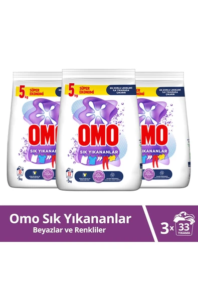 Omo Toz Çamaşır Deterjanı Sık Yıkananlar Zorlu Lekeleri Ilk Yıkamada Çıkarır 5 Kgx3 ürün görseli 1