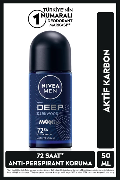 NIVEA MEN Erkek Roll-on Deodorant Deep Dimension Aktif Karbon 50ml, 72 Saat Anti-perspirant Ter Koruması ürün görseli 1