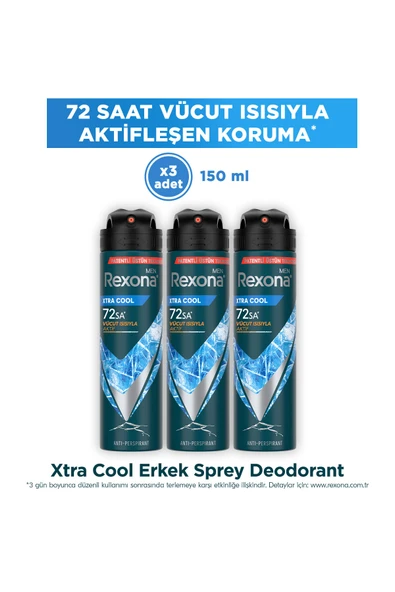 Rexona Men Erkek Sprey Deodorant Xtra Cool 72 Saat Kesintisiz Üstün Koruma 150 ml x3 ürün görseli 1
