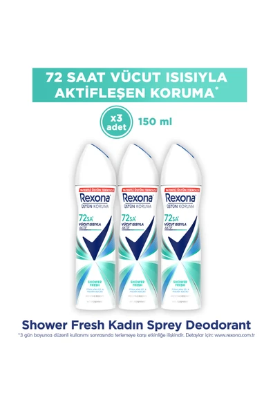 Rexona Kadın Sprey Deodorant Shower Fresh 72 Saat Kesintisiz Üstün Koruma 150 mlx3 ürün görseli 1