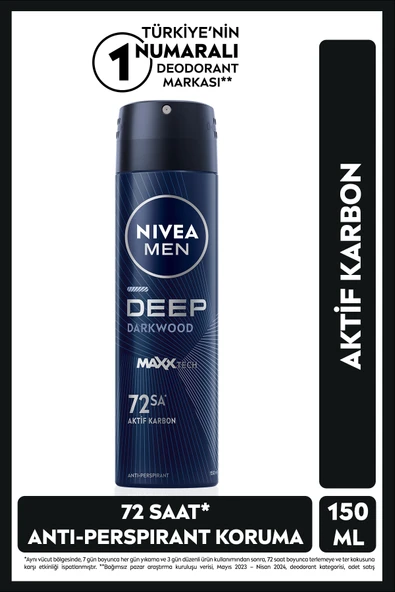 NIVEA MEN Erkek Sprey Deodorant Deep Dimension Aktif Karbon 150ml, 72 Saat Anti-perspirant Ter Koruması ürün görseli 1