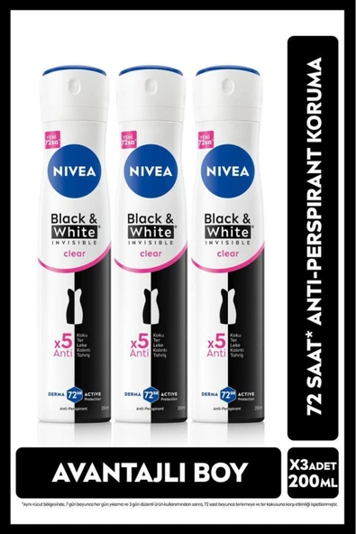 NIVEA Kadın Sprey Deodorant Black&white Invisible Clear 48 Saat Anti-perspirant Koruma 200mlx3adet ürün görseli 1