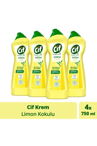 Cif Krem Yüzey Temizleyici Limon Kokulu Klor Boya Fosfat Paraben Içermez 750 Ml 4 Adet ürün görseli 1