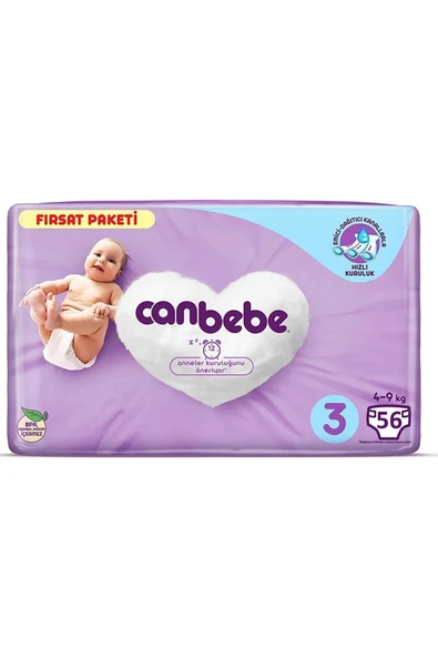 Canbebe Bebek Bezi Fırsat Paketi 3 Beden Midi (4-9 KG) 56 Adet ürün görseli 1