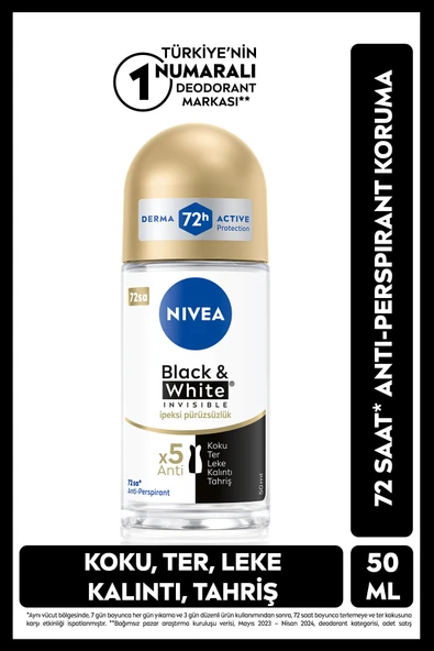NIVEA Black White İpeksi Pürüzsüzlük Kadın Deodorant Roll-On 50 ml ürün görseli 1