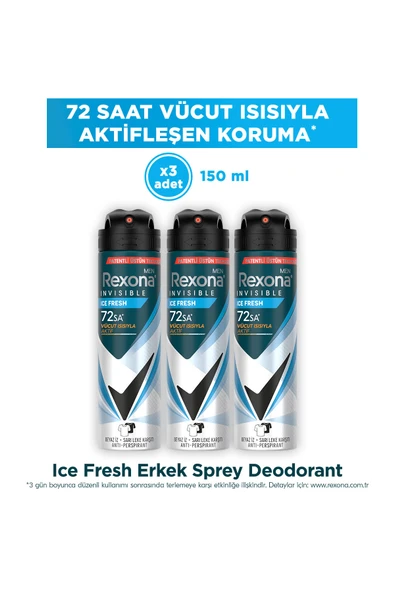 Rexona Erkek Deodorant Sprey Invisible Ice Fresh 150 ml X 3 Adet ürün görseli 1