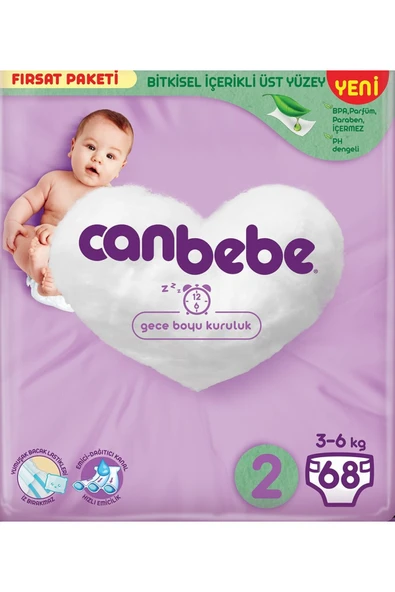 Canbebe Bebek Bezi Fırsat Paketi 2 Beden Mini (3-6 KG) 68 Adet ürün görseli 1