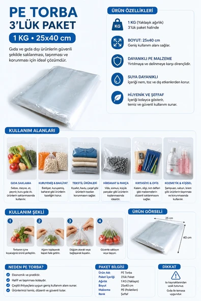 Pe Torba 3'lük Paket 1 kg 25x40 cm ürün görseli 1