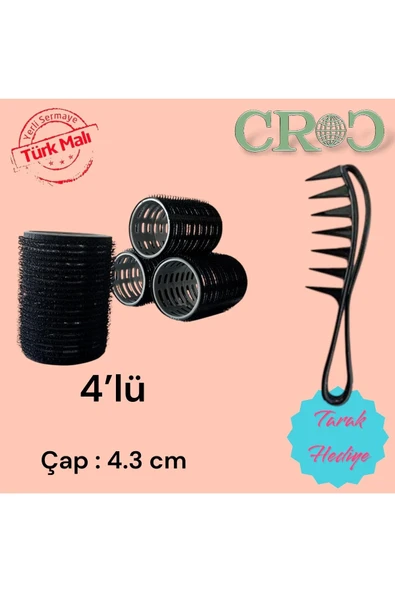 Croc 4lü Orta Boy Plastik Bigudi Siyah CB22 - Cırtlı Yapışkanlı Saç Bigudisi ürün görseli 1