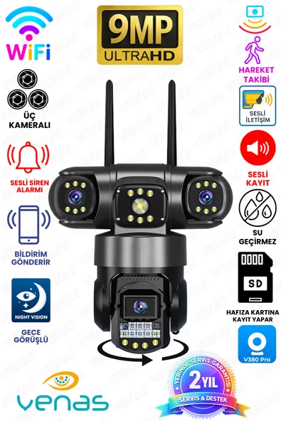 3 Kameralı wifi Alarmlı Hareket Takipli 9mp Full HD Alarmlı Güvenlik Kamerası ürün görseli 1