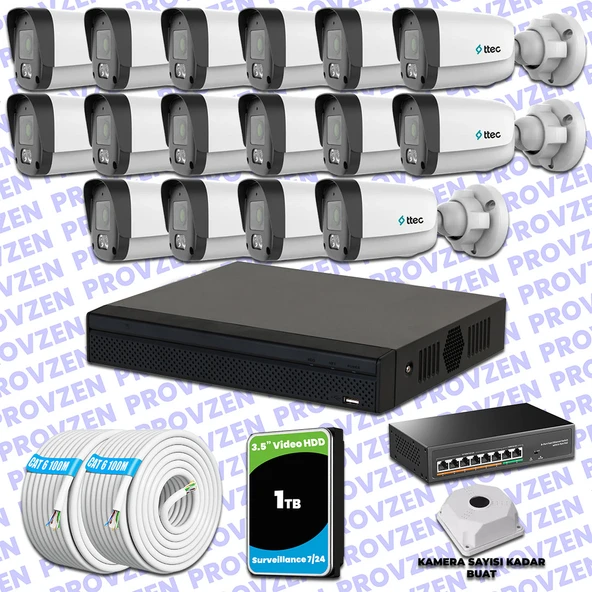 Provzen TTec Hikvision 16 Kameralı IP Full HD Mikrofonlu Güvenlik Kamerası ürün görseli 1