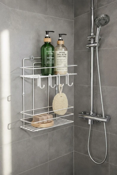Lüks Beyaz Metal 2 Katlı Banyo Rafı Şampuanlık Ve Duş Rafı Askılı Yapışkanlı Duvara Monte TŞ-02 ürün görseli 1