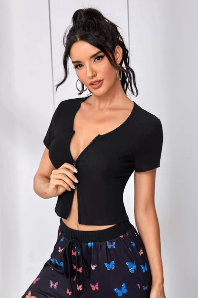 Kadın Siyah Çift Fermuarlı Yarım Kol Crop Top Bluz ürün görseli 1