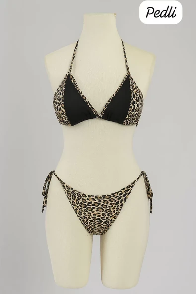 Kadın Siyah ve Leopar Detaylı Yandan Bağlamalı Bikini Takımı ürün görseli 1