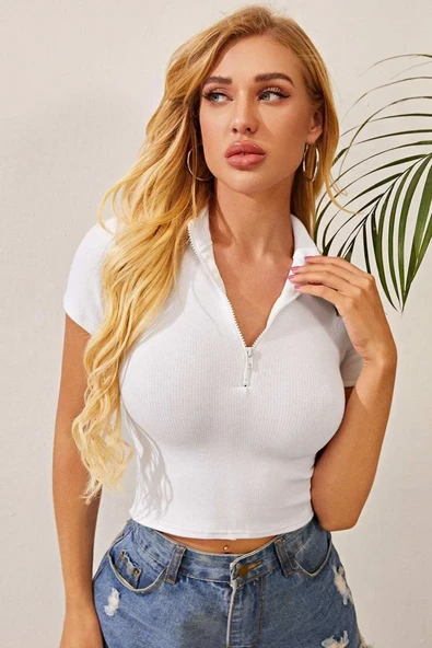 Kadın Beyaz Yarım Fermuarlı ve Kısa Kollu Crop Top Bluz ürün görseli 1