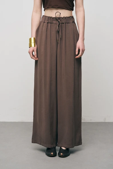 Kadın Basic Modal Bol Paça Beli Lastikli Dökümlü Pantolon - Resim 9