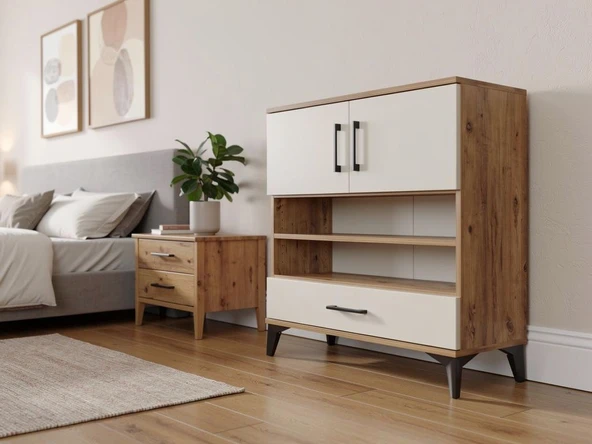Dienni Arges Şifonyer 4 Raflı Tek Çekmeceli 2 Kapaklı 88x30x96 Çam-Aytaşı ürün görseli 1