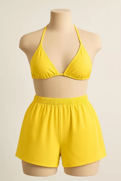Kadın Sarı Şortlu Belden ve Boyundan Bağlamalı Bikini Takımı ürün görseli 1