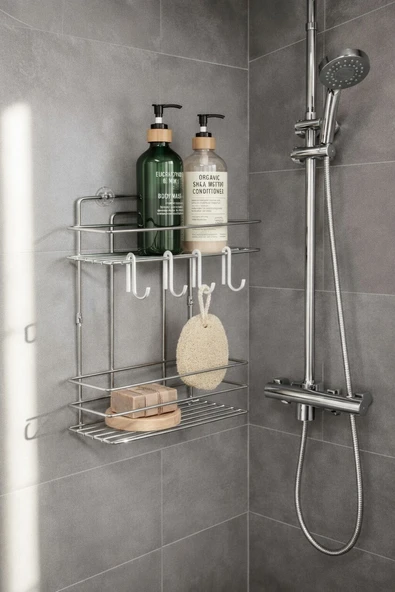 Lüks Krom Metal 2 Katlı Banyo Rafı Şampuanlık Ve Duş Rafı Askılı Yapışkanlı Duvara Monte TŞ-02 ürün görseli 1