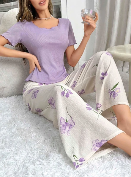 Kadın Mor Çiçek Desenli Yumuşak Pamuklu Uzun Pijama Takımı 5133 ürün görseli 1