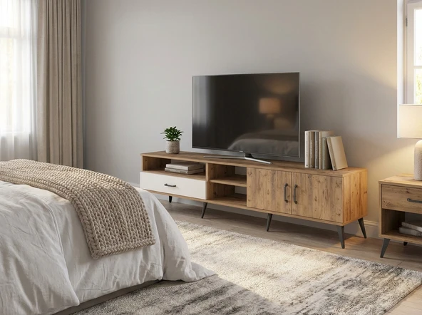 Dienni Arges TV Ünitesi 3 Raflı Tek Çekmeceli 2 Kapaklı 220x30x51 Çam-Çam/Aytaşı ürün görseli 1