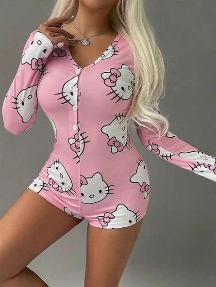 Arias Closet Pamuklu Pembe Hello Kitty Desenli Düğmeli Uzun Kol Tulum Pijama - Resim 2