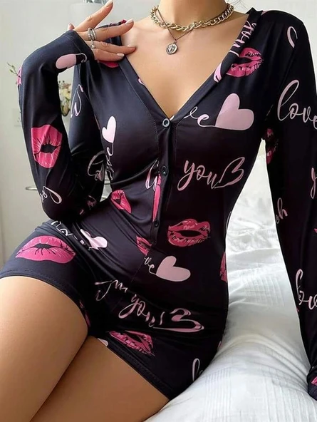 Arias Closet Pamuklu Kırmızı Öpücük ve Kalp Desenli Düğmeli Uzun Kol Tulum Pijama - Resim 4