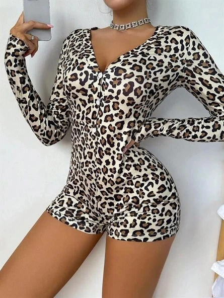 Arias Closet Pamuklu Leopar Desenli Düğmeli Uzun Kol Tulum Pijama - Resim 4