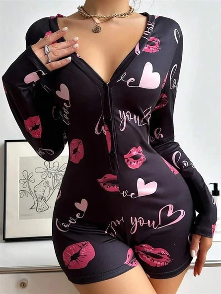 Arias Closet Pamuklu Kırmızı Öpücük ve Kalp Desenli Düğmeli Uzun Kol Tulum Pijama - Resim 2