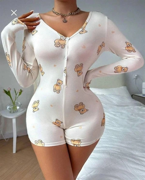 Arias Closet Pamuklu Beyaz Ayıcık Desenli Düğmeli Uzun Kol Tulum Pijama ürün görseli 1