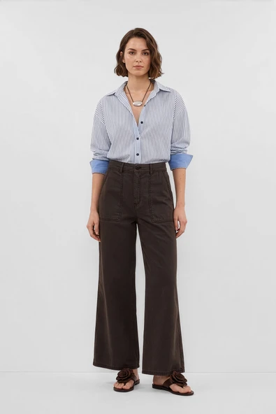 Kadın Yüksek Bel Kahverengi Wide Leg Pantolon ürün görseli 1