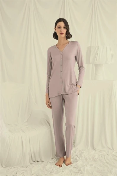 Arias Closet Uzun Kollu Boydan Düğmeli V Yaka Pijama Takımı - Resim 4