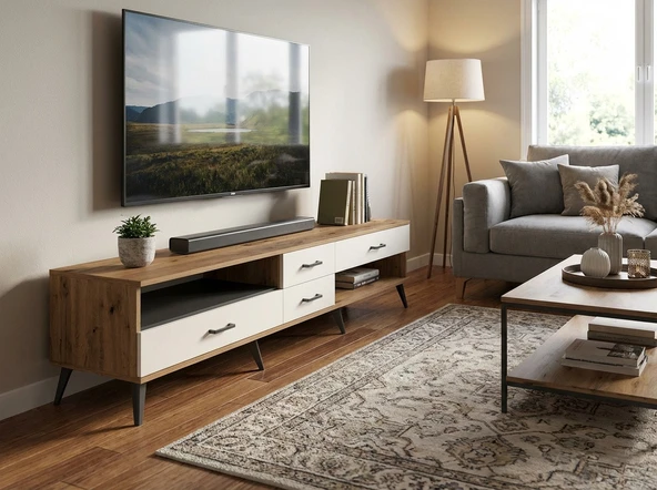 Dienni Arges TV Ünitesi Tek Raflı 4 Çekmeceli 220x30x51 Çam-Antrasit/Aytaşı ürün görseli 1