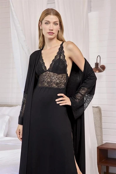 Arias Closet Göğüs ve Sırt Dekolteli Dantelli Sabahlık Takımı - Resim 3