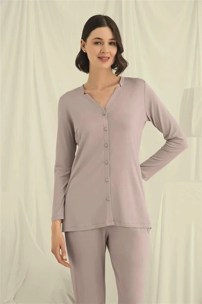 Arias Closet Uzun Kollu Boydan Düğmeli V Yaka Pijama Takımı - Resim 5