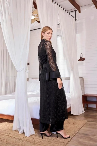 Arias Closet Uzun Kollu Dantelli ve Kuşaklı Sabahlık - Resim 4