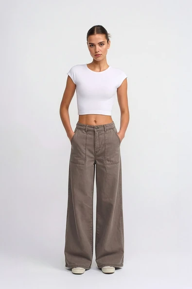 Kadın Yüksek Bel Taş Rengi Wide Leg Pantolon ürün görseli 1