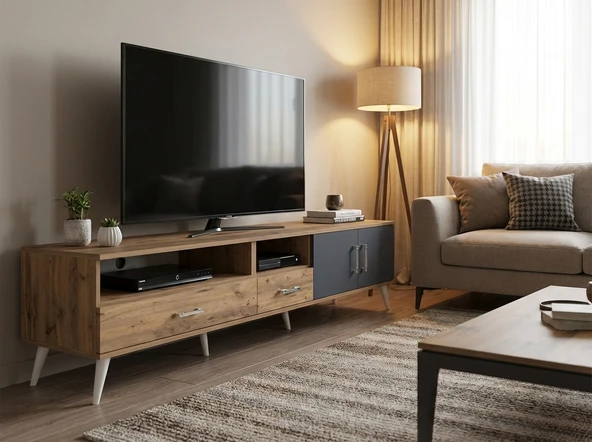Dienni Arges TV Ünitesi 3 Raflı 2 Çekmeceli 2 Kapaklı 220x30x51 Çam-Antrasit/Çam ürün görseli 1