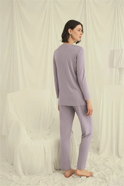 Arias Closet Uzun Kollu Boydan Düğmeli V Yaka Pijama Takımı - Resim 6