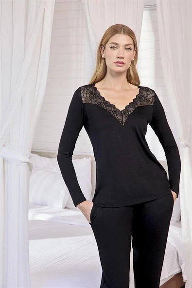 Arias Closet Uzun Kollu Dantelli ve Dekolteli Pijama Takımı - Resim 5