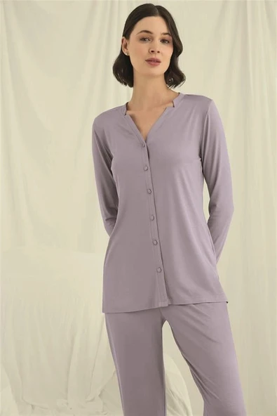 Arias Closet Uzun Kollu Boydan Düğmeli V Yaka Pijama Takımı - Resim 4