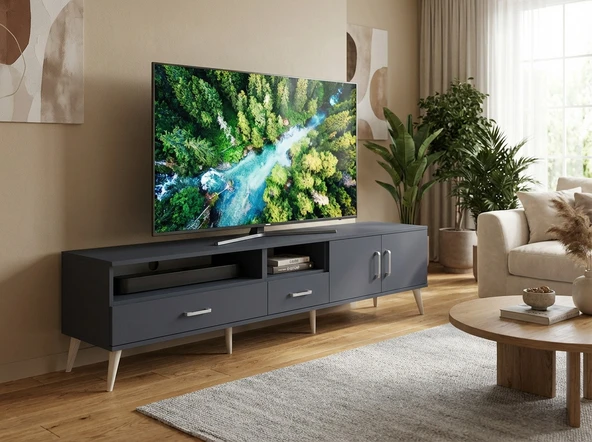 Dienni Arges TV Ünitesi 3 Raflı 2 Çekmeceli 2 Kapaklı 220x30x51 Antrasit-Antrasit ürün görseli 1