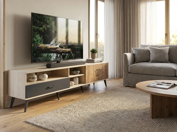 Dienni Arges TV Ünitesi 3 Raflı Tek Çekmeceli 2 Kapaklı 220x30x51 Aytaşı-Çam/Antrasit ürün görseli 1