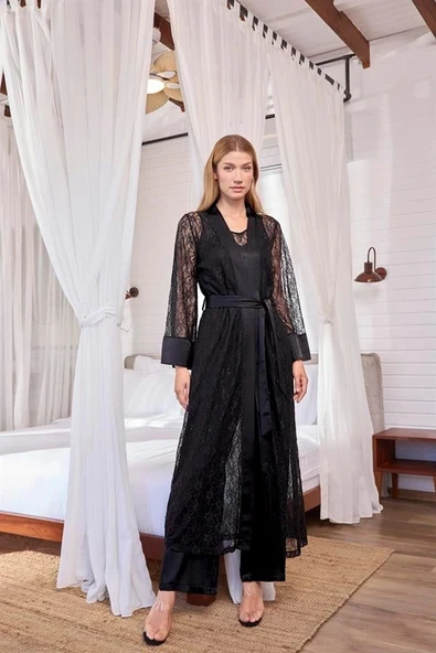 Arias Closet Uzun Kollu Dantelli ve Kuşaklı Sabahlık - Resim 2
