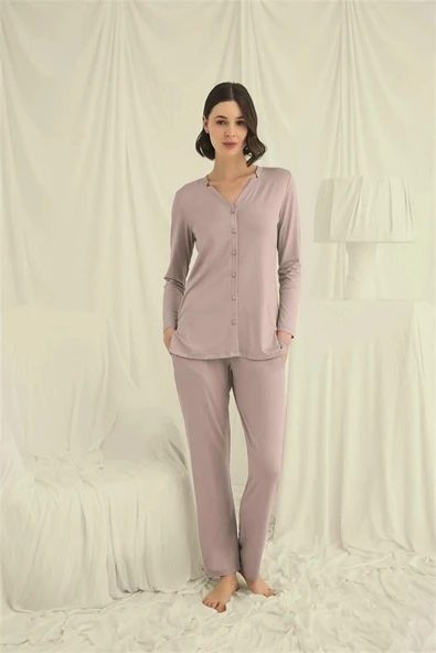 Arias Closet Uzun Kollu Boydan Düğmeli V Yaka Pijama Takımı - Resim 2