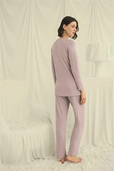 Arias Closet Uzun Kollu Boydan Düğmeli V Yaka Pijama Takımı - Resim 6