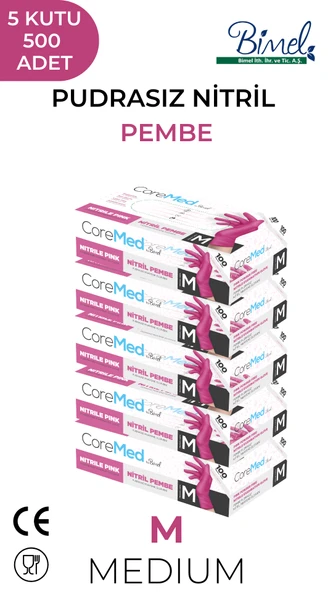 Nitril Pembe Pudrasız Muayene Eldiveni M - 5 Paket 100 lü ürün görseli 1