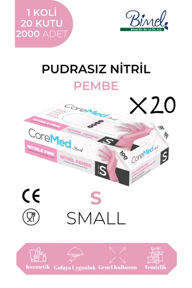 Nitril Pembe Pudrasız Muayene Eldiveni S - 1 Koli-20 Paket-2000'li ürün görseli 1
