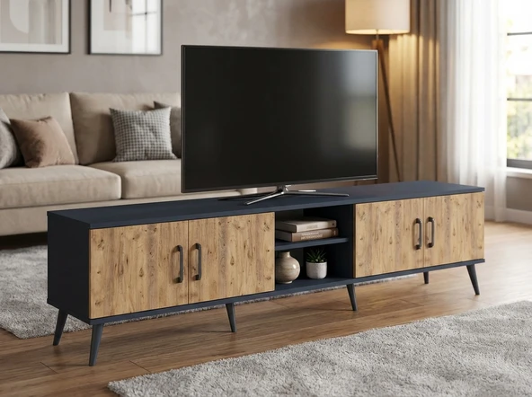 Dienni Arges TV Ünitesi 3 Raflı 4 Kapaklı 220x30x51 Antrasit-Çam/Antrasit ürün görseli 1